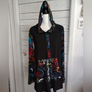 Joseph Ribkoff Black Multicolor Graffiti Print Button Down Shacket Top Size 14